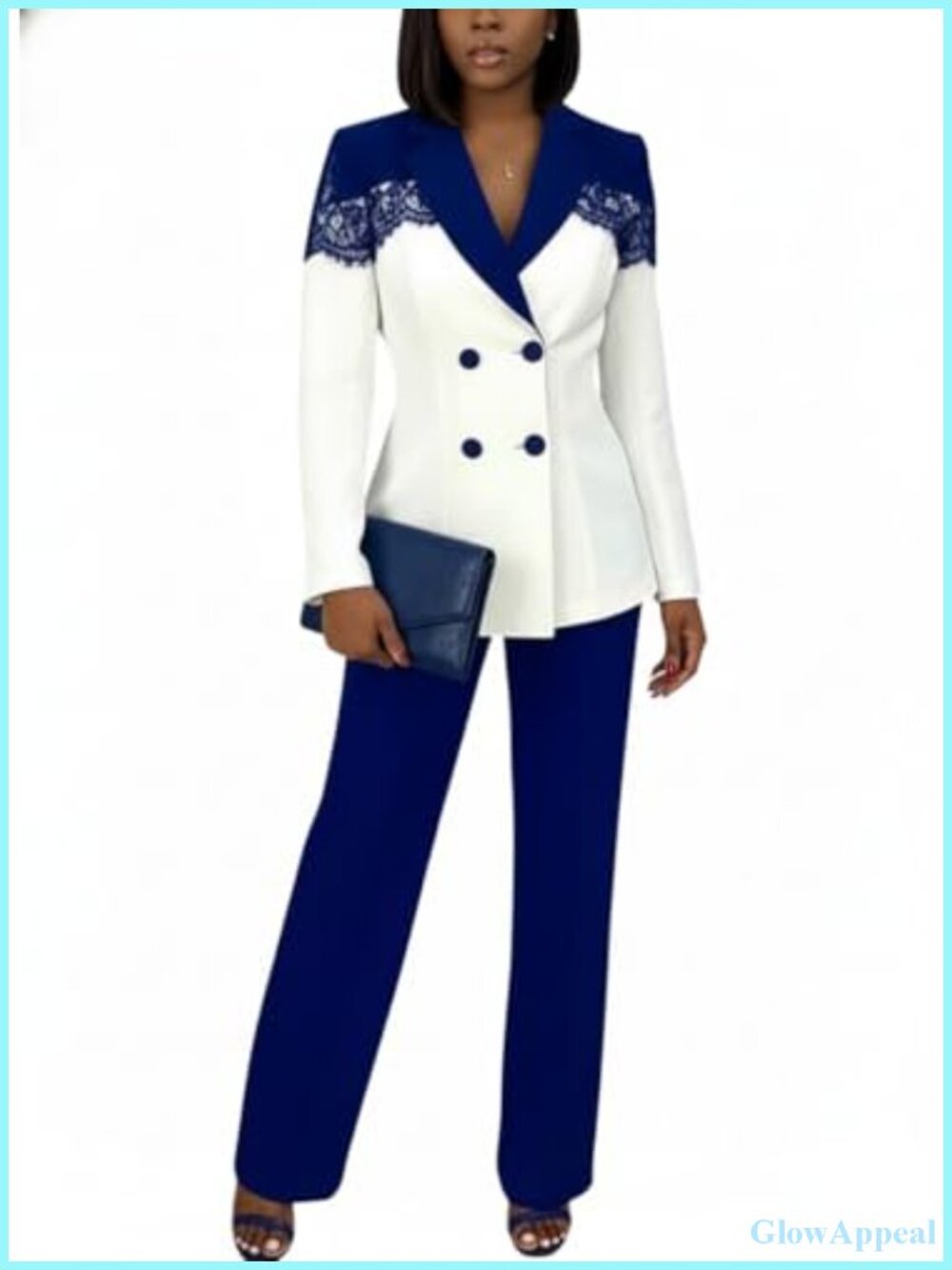 Womens 2 Piece Lace Patchwork Blazer Pants Suit Business Outfit